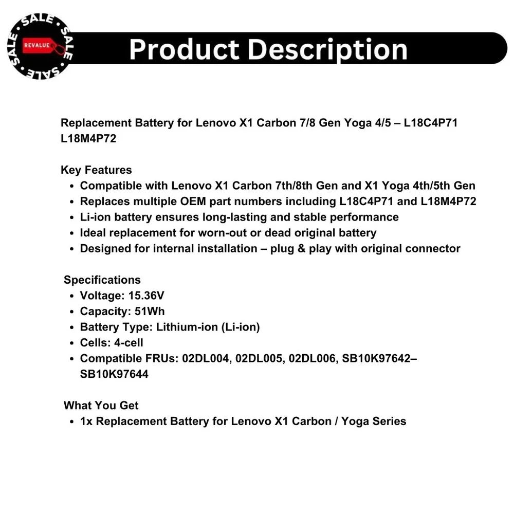 Replacement‎ Battery for Lenovo X1 Carbon 7/8 Gen Yoga 4/5 – L18C4P71 L18M4P72